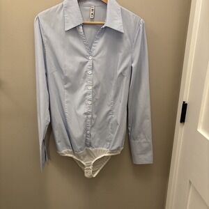 Koja Women XXXL Body Shirt Med Blue Pin Stripes Double Cuff Button